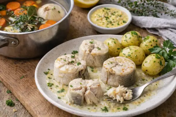Saumonette en tronçons, cuite dans un court-bouillon avec carottes et oignon. Servi avec pommes de terre et sauce hollandaise.