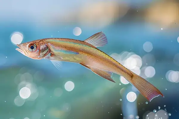 Un poisson ailé aux reflets irisés nage dans une eau bleutée, entouré de bulles lumineuses.