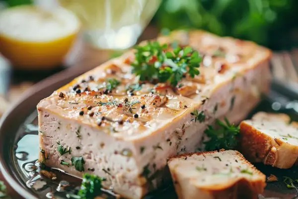 Délicieuse terrine de merlan, parsemée d'herbes fraîches et de grains de poivre, servie avec des tranches de pain grillé.