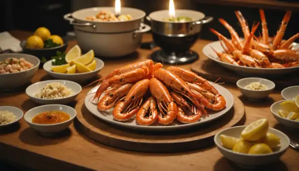 Plateau de langoustines prêtes pour la cuisson, accompagnées de citrons, d'ail et de sauces.