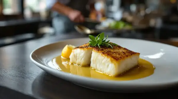 Un délicieux filet de bar poêlé, servi avec un quartier de citron et une sauce dorée, garni d'une touche de verdure.