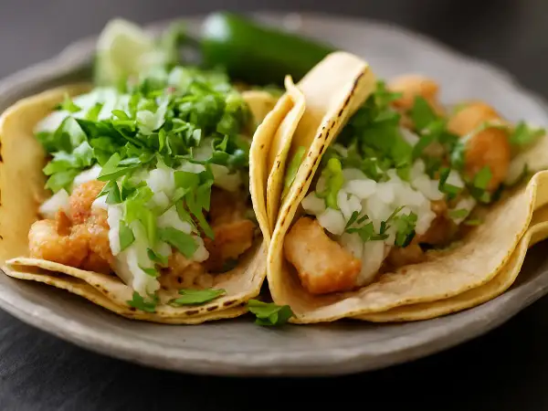 Deux tacos au poisson avec garniture fraîche sur une assiette grise.