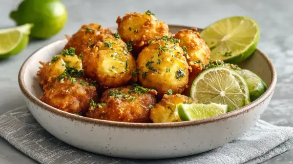 Accras de poisson dorés et croustillants, parsemés de persil frais, servis avec des quartiers de citron vert dans un bol en céramique.