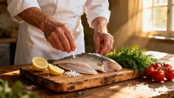 Un chef assaisonne un aiglefin entier et uneも fillet avec du gros sel, prêt pour la cuisson. Citrons, tomates cerises et aneth complètent la scène.