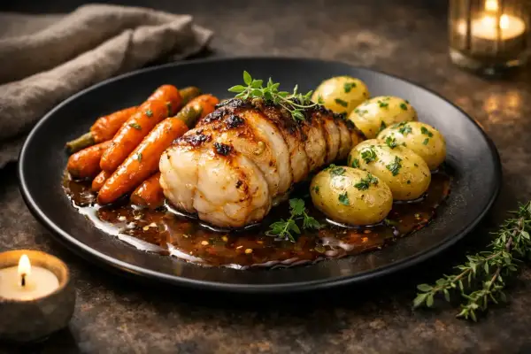 Délicieux médaillons de lotte à la poêle, accompagnés de carottes glacées et de pommes de terre nouvelles, nappés d'une sauce savoureuse.