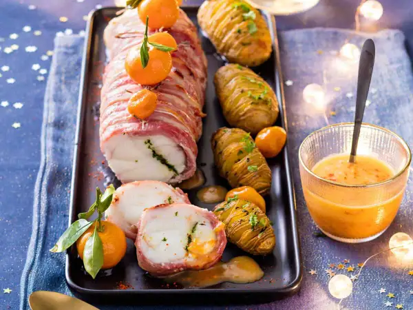 Lotte enroulée de lard, servie avec des pommes de terre Hasselback et une sauce pour lotte au lard onctueuse.