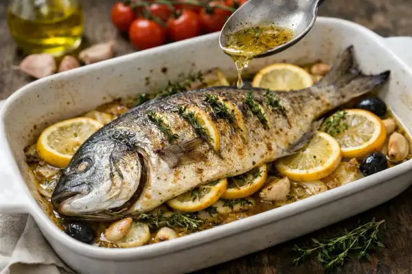 Dorade grise entière au four, garnie de rondelles de citron, d'olives noires et d'ail, arrosée d'une sauce savoureuse.