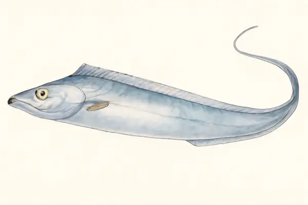 Un poisson sabre bleu, aux reflets argentés, glisse gracieusement sur un fond clair. Sa longue silhouette élancée évoque la rapidité et l'élégance.