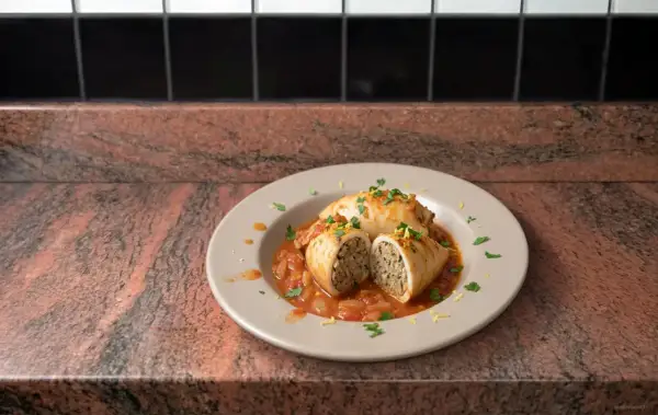 Deux calamars farcis, coupés en deux, baignant dans une sauce tomate savoureuse, garnissent une assiette.