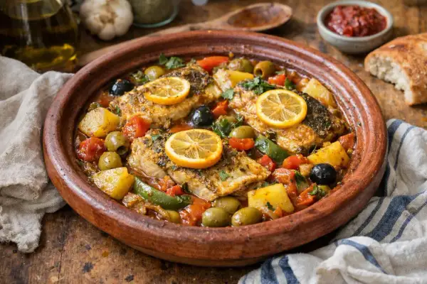 Un savoureux tajine de poisson aux olives, tomates, pommes de terre et rondelles de citron, garni de persil frais.