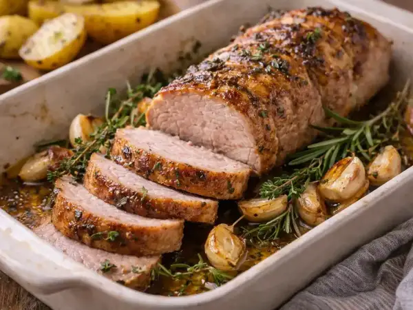 Filet de maigre rôti au four, tranché, avec ail et herbes. Le temps de cuisson est parfait pour cette viande tendre et juteuse.
