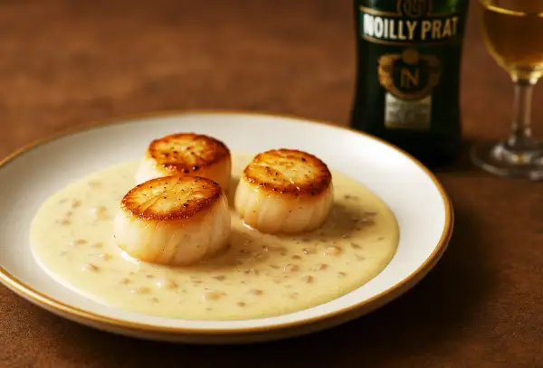 Trois noix de Saint-Jacques poêlées baignant dans une sauce onctueuse à la sauce Noilly Prat.