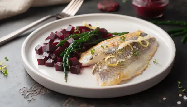 Deux filets de limande cardine poêlés, servis avec des dés de betterave et de la salicorne, garni de zestes de citron et de pousses vertes.